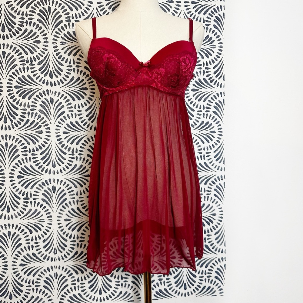 Cosmopolitan Lace & Mesh Red Burgundy Babydoll Lingerie